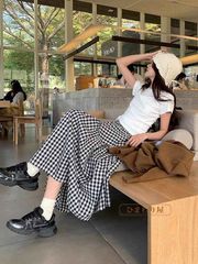 スカート レディース フレアスカート ボトムス チェック柄 フレア レディース ロングスカート ロング  膝 ウエストゴム ゆったり qingy107