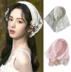 カチューシャ式 ヘアバンダナ バブーシュカ レディース 髪飾り 髪アクセサリー 三角巾 ヘアバンド レース生地 ガーリー 清純 ヘアバンド リボン レース 花刺繍 おしゃれ 可愛い ヘッドスカーフ (ホワイト, Free) [ホワイト] [Free]
