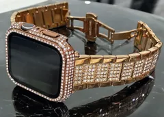 アップルウォッチキラキラカバーケースステンレスバンドベルト画面保護付　ローズ