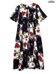 古着 前開き 花柄 ロング丈 半袖 ワンピース 紺 (otu2506086)