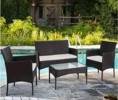 テーブルセット 4ピース 屋外 屋内 ラタンチェア 籐 パティオ ラブシート 会話セット テーブルとベージュクッション 裏庭 芝生 ポーチ 庭 バルコニー用 ブラック2人用 3人用 4人用 タップ アウトドア ベランダ おしゃれ 高級 家具 4点セット