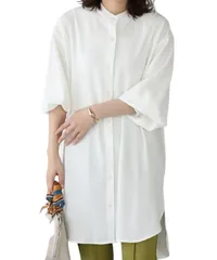 [Elixio] [エリクシオ] ゆったり シャツワンピース ワンピース レディース チュニック シャツ 長袖 薄手 襟なし ノーカラー 羽織り パフスリーブ 大きめ 体型カバー カジュアル 秋 秋服 (L, ホワイト) [ホワイト] [L]