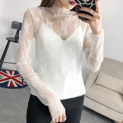 ☆ ホワイト ☆ ファンデーションインナー レース 透ける トップス インナーレース 透け感 シアートップス 長袖 チュールトップス レーストップス シースルー レディース 花柄 スラッシュドネック サブリナネック メッシュ レイヤード 重ね着 インナー