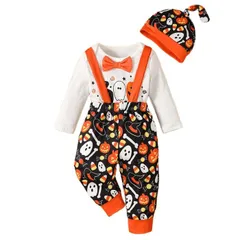 ハロウィン ベビー服 新生児 ロンパース サロペット オーバーオール 帽子 3点セット 子供用 パンツ 仮装 衣装 かぼちゃ お化け プリント 総柄 キッズ コスプレ Tuqn999