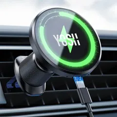 【在庫処分】YOSH スマホホルダー 車 ワイヤレス充電 MagSafe対応 マグネット 15W急速充電 超強力磁石搭載 マグセーフ充電器 車 360度回転 エアコン吹き出し口タイプ Magsafe対応車載充電器 置くだけでくっつく 取り付け簡単 レン