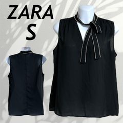 ZARA ザラ レディース ノースリーブ ブラウス S ゆったり リボン RUC 80089348-4 ブラック系 (G02)