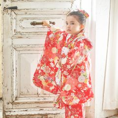 日本最大のブランド 3歳 七五三 女の子 被布コート 赤 セット 髪飾り 巾着 草履 着物 七五三
