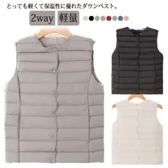収納用ポケット付き ダウンベスト レディース Vネック クルーネック 2way トップス ショート アウター 袖なし ダウン 中綿 ベスト インナーダウン 軽量 防寒 保温 暖かい コート 羽織り あ#anue0041