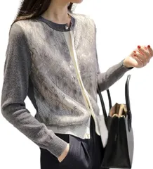 blue beryl カーディガン レディース ニット フロントレース パールボタン 長袖 ラウンドネック パイピング シック ポリエステル BB022-GY-S( グレー,  S)