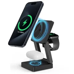 【 Qi2認証 急速充電 】3in1 ワイヤレス充電器 iPhone15/14/13/12対応15W MagSafe対応 Apple Watch/AirPods同時充電 折りたたみ式 スタンド型 省スペース 持ち運び便利 Lumos (ブラック) [ブラック]
