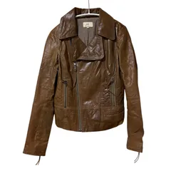 Z1539 june レザージャケット 本革 ライダース ダブル ブラウン ヴィンテージ加工 光沢 ラムレザー風 ジューン レディース XSサイズ