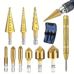 ステップドリル 皿取り錐 6.35mm 六角軸 面取りカッター ポンチ 10点 セット 木工 金工 ドリルビット インパクトドライバー対応 穴あけ 下穴 バリ取り 工具 DIYセット 木材 鉄板 プラスチック アルミ 作業効率UP プロ 家庭用 収納ケース付のサムネイル