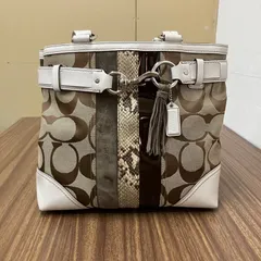 ◼︎COACH コーチ ハンプトンズストライプブックトートバッグ　茶　ブラウン　白　ホワイト 10264