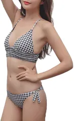 ISLAYCAOLILA ビキニ 水着 幾何学模様 三角 スイムドレス バッククロス セパレート ローライズ リボン パッド入り ワイヤーなし レディース DC7( ブラックチェック,  L)