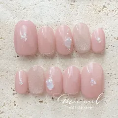 ⋆ シンプルキラキラのピンクシェルネイル⋆　ネイルチップ　付け爪　ネイル　ブライダル　成人式　シンプル　ミラー　ブライダルネイル