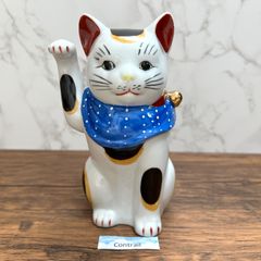 【瀬戸焼】招き猫 赤絵 ブチ猫 右手 縁起物 置物 開運招福 商売繁盛 Seto Ware Maneki Neko Lucky Cat