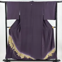 付下げ 身丈155cm 裄丈64.5cm M 袷 柳 建物 箔 金銀彩 濃紫 正絹 秀品 一つ紋 【中古】