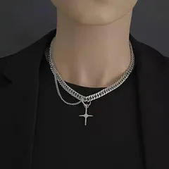 クロス デザイン チェーン シルバー ネックレス メンズ レディース ユニセックス 韓国ファッション モード系 ストリート 個性派 重ね付け おしゃれ アクセサリー シンプル 十字架 ペンダント 新品 カジュアル かっこいい