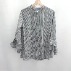 ◇ ⊇Φ Auie f アウィーエフ ストライプ柄 ノーカラー 袖フリル 長袖 シャツ サイズ38 ブラック系 レディース E  【1412090067785】