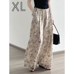 ボトムス ワイドパンツ レディース XL ガウチョパンツ 花柄 ハイウエスト ワイドレッグ ウエストゴム モップパンツ ズボン 体型カバー 春 夏 着痩せ シフォン 韓国 ラフ ロング丈 ダボかわ カジュアル アジアン クール ブラック アプリコット おしゃれ
