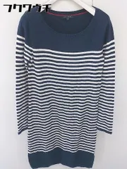 ◇ TOMMY HILFIGER コットン ニット ボーダー 長袖 膝丈 ワンピース サイズS ネイビー ホワイト レディース 【1109080005765】