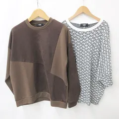 アズールバイマウジー AZUL by moussy トレーナー ニット セーター 2枚セット 長袖 七分袖 丸首 ストレッチ 総柄 茶 黒 白 ブラウン ブラック ホワイト M Fのサムネイル