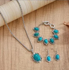 ターコイズブルーネックレス・ピアス・ブレスレット3点セットユニセックス103