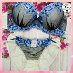 ★D75/M☆美胸ブラ＆ショーツセット 丸胸 ナチュラルバストメイク 豪華シャクヤク×黒シフォン クリーム