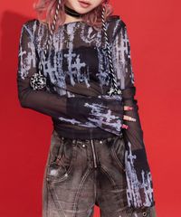 夢展望公式 [新品未使用] アクセプリント透けトップス [ブラック] 他カラー別ページ有 diablebaiser カットソートップス カットソートップス・Ｔシャツ（長袖） 535329-01