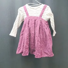 ◇ Petit Main ベビー用 ボーダー柄 コーデュロイ生地 リボン 長袖 ロング ワンピース サイズ90 パープル レディース E  【1310050023386】