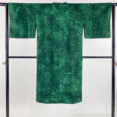 【美品】 道行 身丈122cm 裄丈64cm M 和装コート 角衿 草花 ビロード風 緑 正絹 名品 【中古】