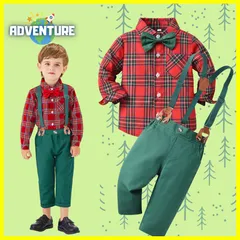 クリスマス　男の子　セットアップD 70 80 90 100 110 120 130 140 150 160mチェック柄シャツ赤フォーマル子供キッズ蝶ネクタイ緑グリーン サスペンダー赤ちゃんベビー