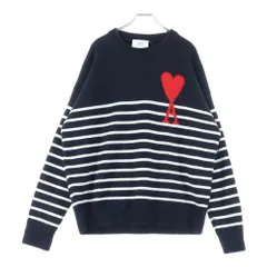 ami paris (アミパリス) ハートロゴジャガード ボーダー ウール クルーネックニット セーター ブラック/ホワイト UKS004.018