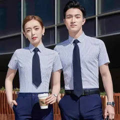 種類50：L/A：レディース半袖ブルーストライ レディース ファッション 業務 ユニフォーム 制服 コスプレ衣装  半袖 縦縞 シャツ フォーマルスーツ メンズ ビジネス 