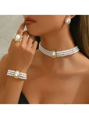 ジュエリー レディース セット 結婚式や正式な場面で着用できるネックレス、ブレスレット、ピアス、リングが含まれる4点セットの多層フェイクパールファッションジュエリーセット