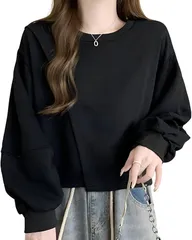 Magno(マグノ) ショート丈 トレーナー 長袖 トップス レディース プルオーバー カジュアル シンプル(ブラック,  M)