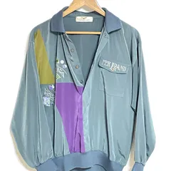 (^w^)b FERNAND RAZZINI フェルナンドラジーニ スウィングトップ ポロシャツ 長袖 プルオーバーシャツ 80s90s ヴィンテージ レトロ くすみカラー 灰緑色系 グレーグリーン系シャツ  刺繍 ロゴ入りボタン 襟袖裾リブ メンズ サイズM