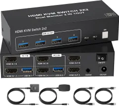 新品 【2PC 切替 2モニター 同時出力】HDMI KVM 切替器 デュアルモニター 2画面 同時 4K 60Hz デュアル ディスプレイ HDMI 切替器 4つUSB3.0 ハブ付き KVM スイッチャー キーボード マウス プリンター スキャナー共有 デ