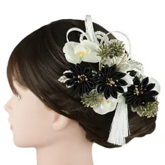 髪飾り 成人式 振袖 3点セット 黒 白 ゴールド つまみ細工 剣つまみ 房 房付き 組紐 造花 レース リボン カスミソウ 大きい 小 No.9-5373