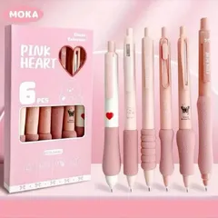持ちやすいグリップ付☆黒インク ピンクデザインボールペンセット 6本 ゲルインク 文房具 筆記用具