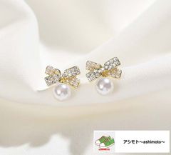 ☆新品未使用「送料込」ピアス//パールとリボン//エレガント//3