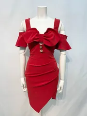 1606 Andy アンディ キャバクラ ドレス フロントリボン タイト ゴールドボタン フリル 肩出し キャバドレス S