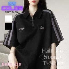 ハーフジップ Ｔシャツ 半袖 スポーティ ストリート ライン レディース 春夏 韓国ファッション シンプル ロゴ オーバーサイズ 大きいサイズ 黒