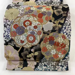 袋帯 秀品 振袖向き 梅 菊 箔 金糸 黒 六通 正絹 【中古】