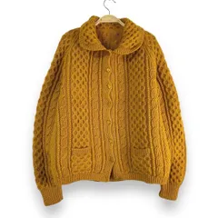 【フォロワー様クーポン配布中！】  ウール 手編み 肉厚 ケーブル編み 縄編み フィッシャーマンニット アランニット ハンドニット セーター カーディガン レディース 輸入古着 海外古着 US古着 マスタードイエロー【R1③】
