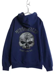 【お得なクーポン配布中!】 ハーレー ダビッドソン 両面 プリント フルジップ スウェット フード パーカー メンズ L / トレーナー バイク 裏起毛  スカル イラスト 青