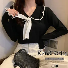 トップス レディース ニットソー 襟付き Vネック 首元リボン 配色パイピング