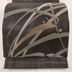 袋帯 秀品 夏帯 露芝 箔 灰紫 お太鼓柄 正絹 【中古】
