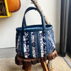 革と古布のパッチワークバッグ（ブルーの革＋浴衣生地）01016-92