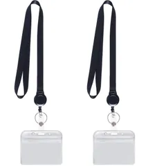 新品 YOUOWO 名札・ホルダー 吊り下げ名札用リール IDカードホルダーネックストラップリールクリップ キーホルダー 伸びる ブラック 横 2枚セット